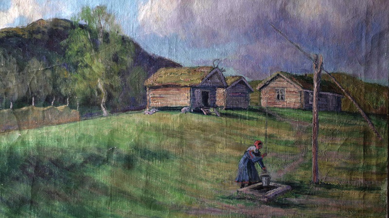 Maleri fra en kvensk gård malt av Ivar Sælø