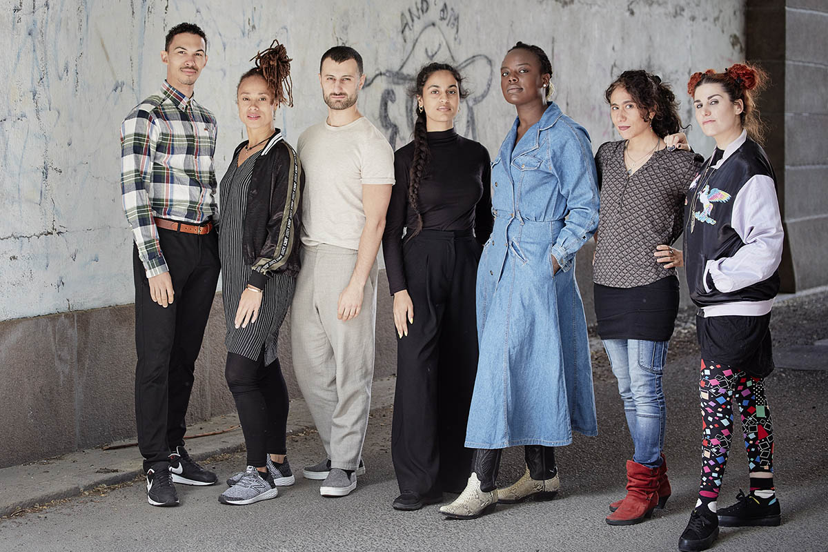 Alexander Montgomery-Andersen (Greenland), Jeannette Ehlers (Denmark), Ninos Josef (Sweden), Sandra Mujinga (Norway), Nayab Ikram (Åland Islands), Nermine El Ansari (Iceland) and Kemê Pellicer (Finland) participate in the Critical Friends network. Photo: Marta Anna Løvberg