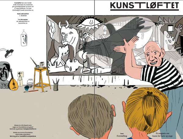 Kunstløftet git ut avis om kunstformidling for barn og unge. Illustrasjon Mari Kanstad Johnsen