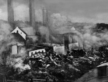 Brann på Klevfos Papirfabrik, 1909. Etter postkort. Foto: Norsk Folkemuseum. Folkemuseet er tildelt sikringsmidler fra Kulturrådet for 2017.