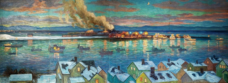 Maleri av sildeoljefabrikk malt av Ivar Sælø
